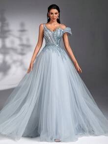 SD3179 Luxe Beaded Asymmetrical Tulle Maxi image 4