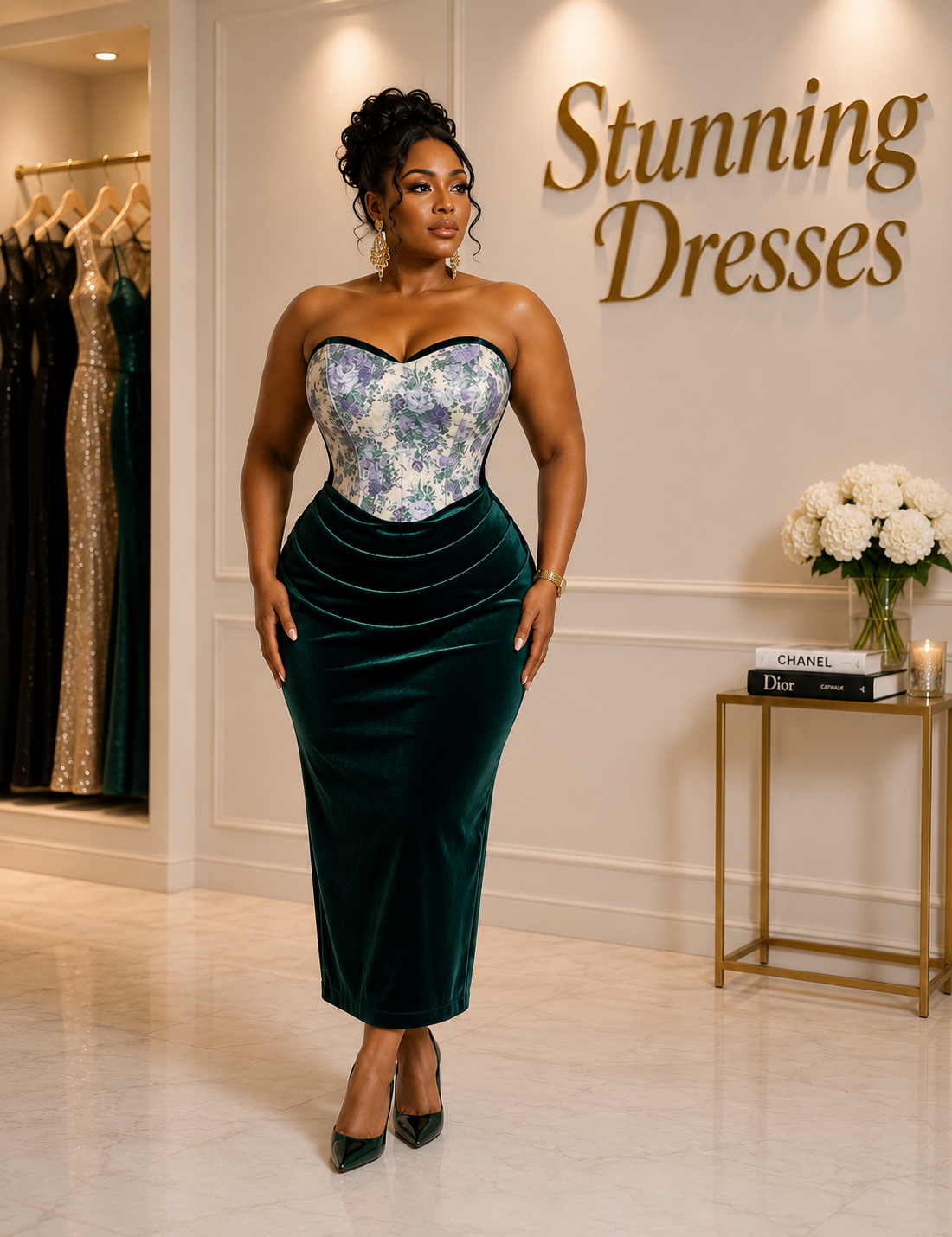 Plus Size Floral Corset Velvet Midi Dress in Burgundy - front view