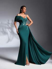 SD3265 Rhinestone Strap Pearl & Sequin High Slit Gown image 9