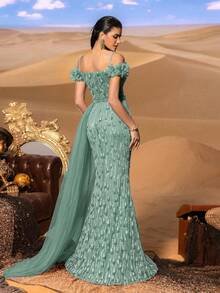 SD3220 Off-Shoulder Pearl & Beaded Slit Gown - UK8(s), Green image
