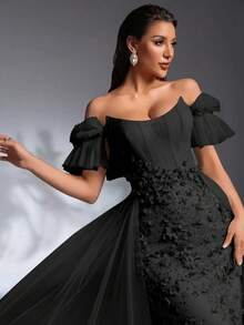 SD3198 Light Blue Floral Off-Shoulder Mesh Gown - UK16(XL), Black image