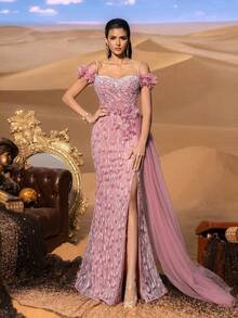 SD3220 Off-Shoulder Pearl & Beaded Slit Gown image 1