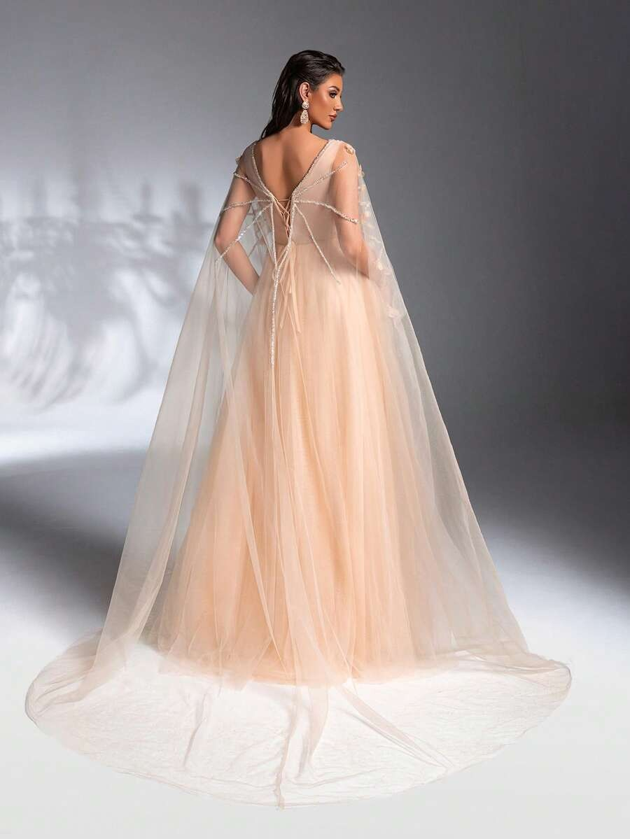 SD3208 Cloak Sleeve 3D Floral Mesh Gown