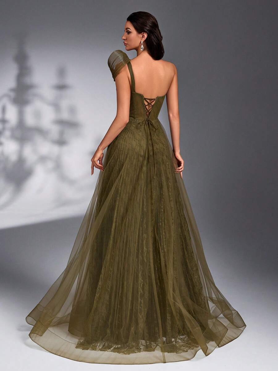 SD3266 Beaded Rhinestone Lace & Mesh Maxi Gown