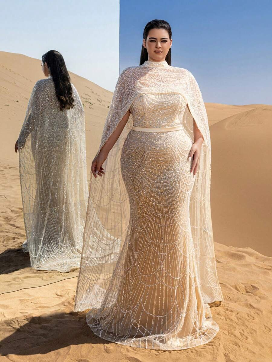 SD3258 Mock Neck Beaded Cape-Sleeve Fishtail Gown