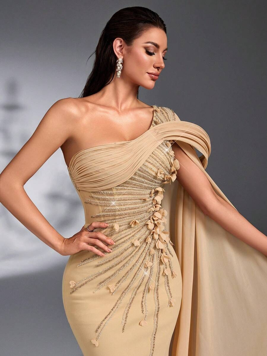 SD3174 Luxury Asymmetric Sequin 3D Floral Gown
