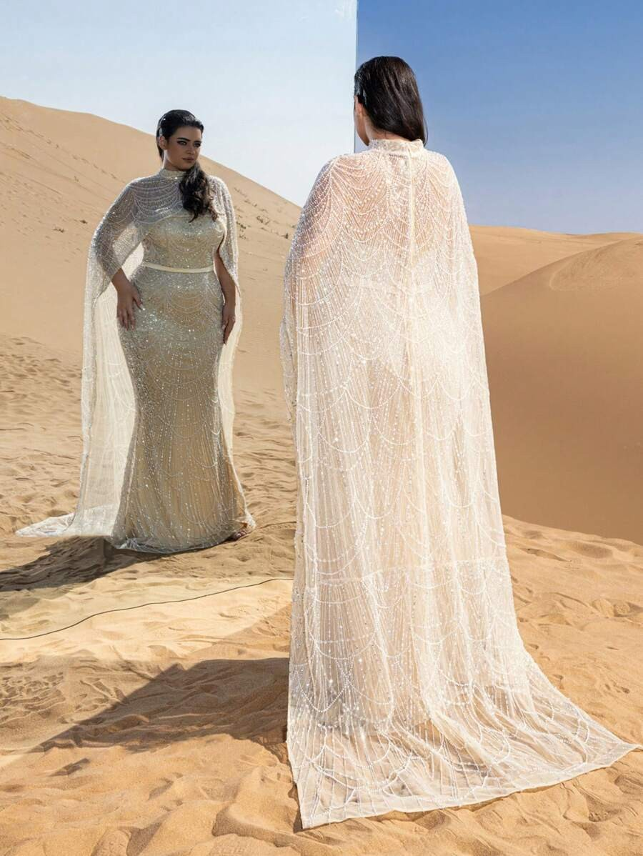 SD3258 Mock Neck Beaded Cape-Sleeve Fishtail Gown