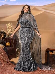 SD3232 Plus Size Mock Neck Beaded Cape-Sleeve Gown - UK26 (5XL), Black and White image