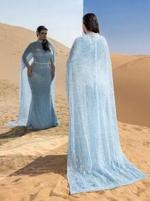 SD3232 Plus Size Mock Neck Beaded Cape-Sleeve Gown - UK20 (2XL), Baby Blue image