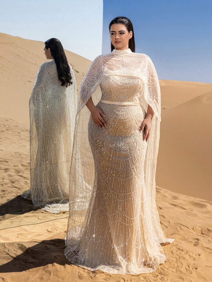 SD3258 Mock Neck Beaded Cape-Sleeve Fishtail Gown