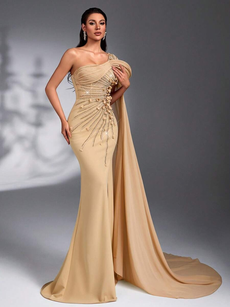 SD3174 Luxury Asymmetric Sequin 3D Floral Gown