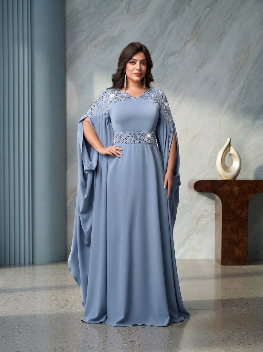 SDE3280 Plus Size Blue Sequin Asymmetrical A-Line Gown