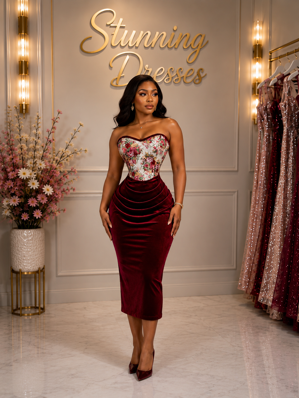 SDD4009 Retro Floral Corset Midi Dress
