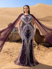 SD3243 Sheer Sleeve Sequin Mermaid Gown - UK24 (4XL), Purple image