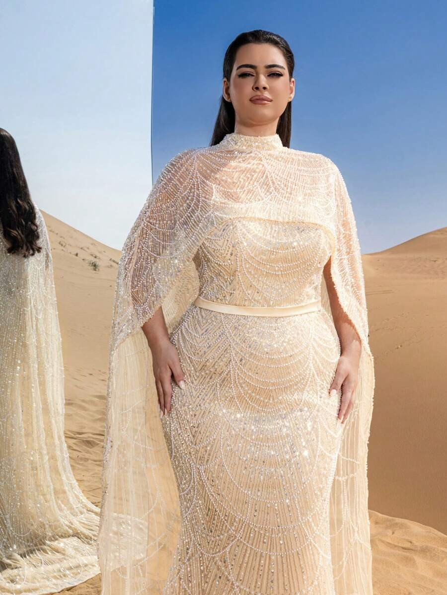 SD3258 Mock Neck Beaded Cape-Sleeve Fishtail Gown
