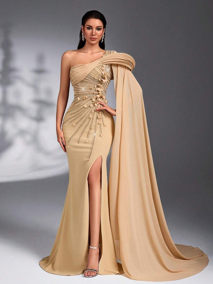 SD3174 Luxury Asymmetric Sequin 3D Floral Gown