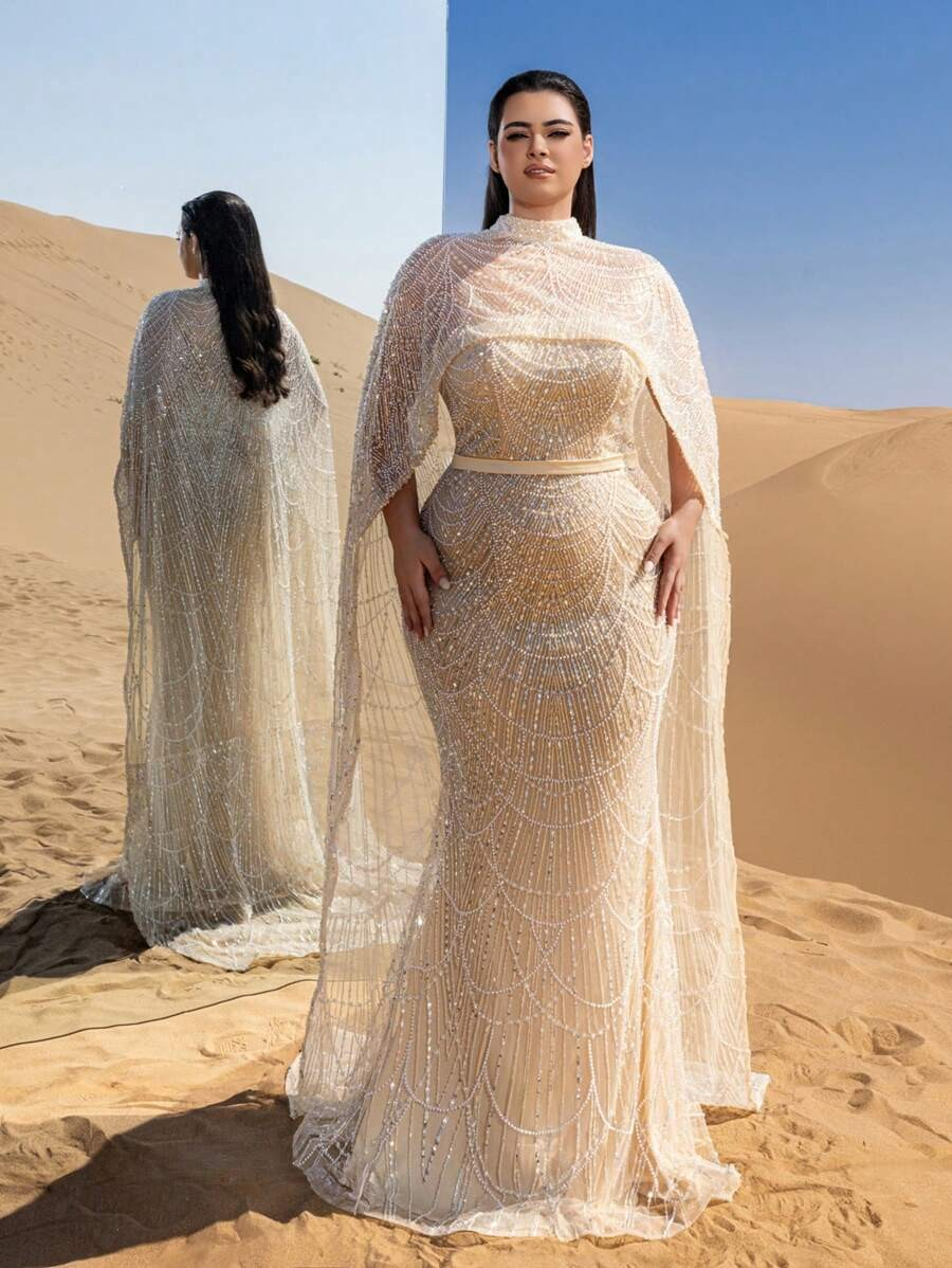 SD3258 Mock Neck Beaded Cape-Sleeve Fishtail Gown