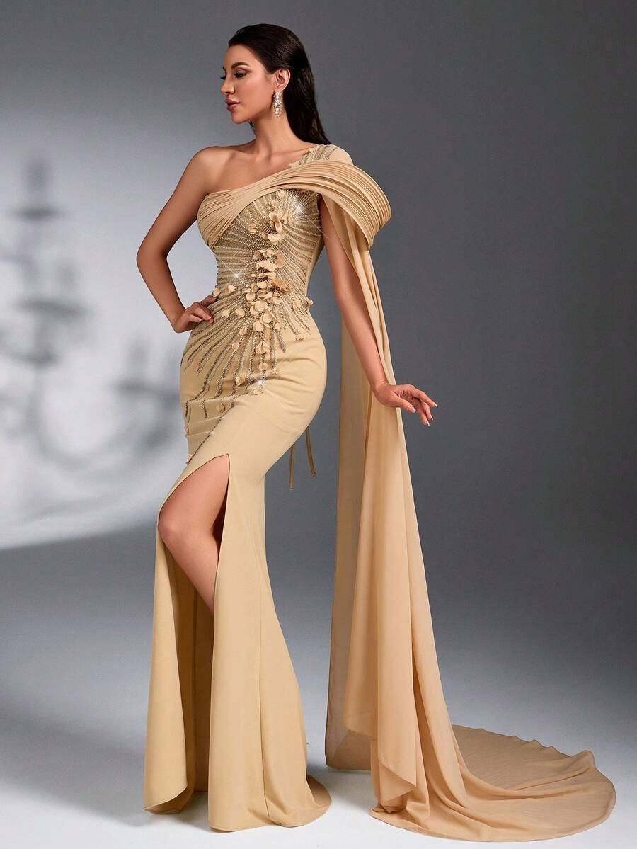 SD3174 Luxury Asymmetric Sequin 3D Floral Gown