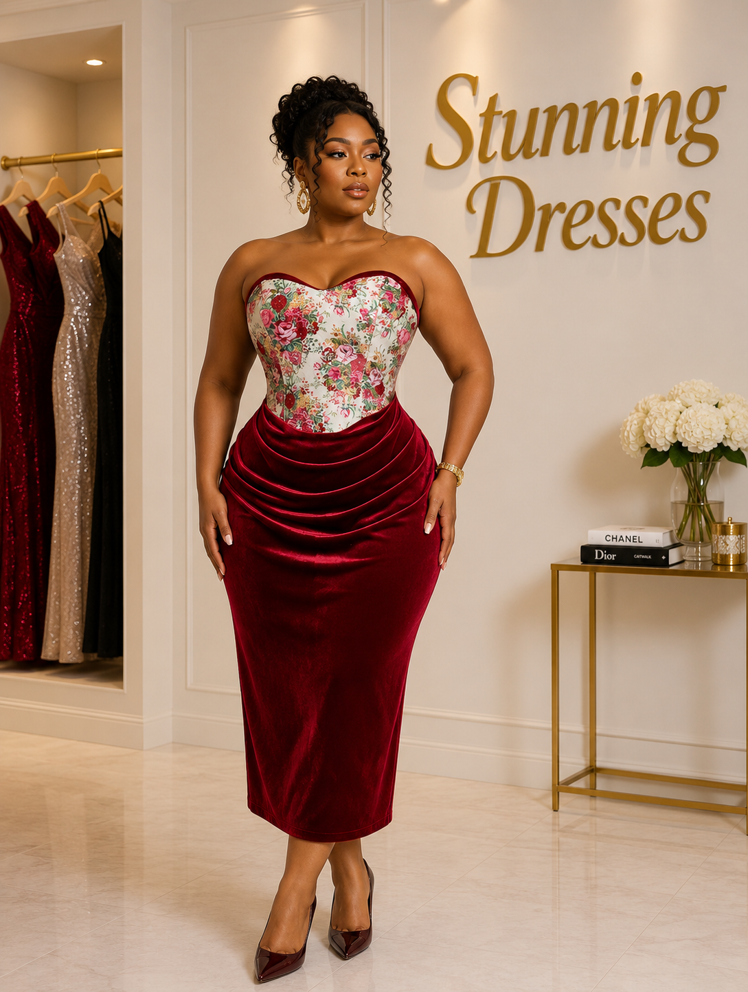 Plus Size Floral Corset Velvet Midi Dress in Burgundy - back view
