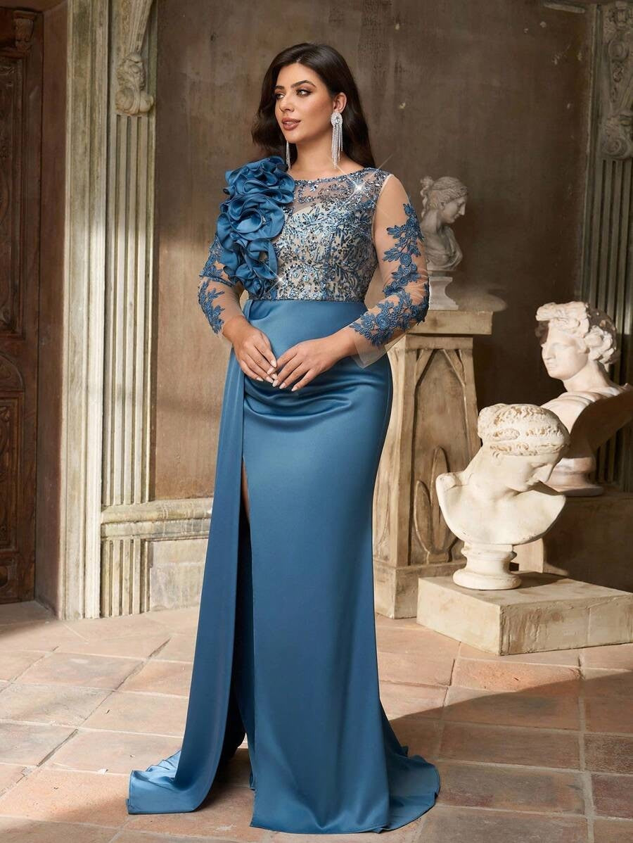SDE3272 Plus Size Olive Green Beaded Taffeta High-Slit Gown