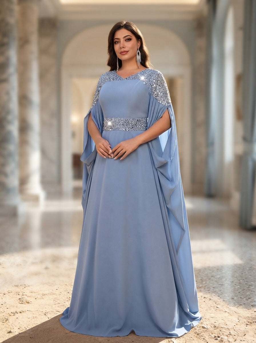 SDE3280 Plus Size Blue Sequin Asymmetrical A-Line Gown