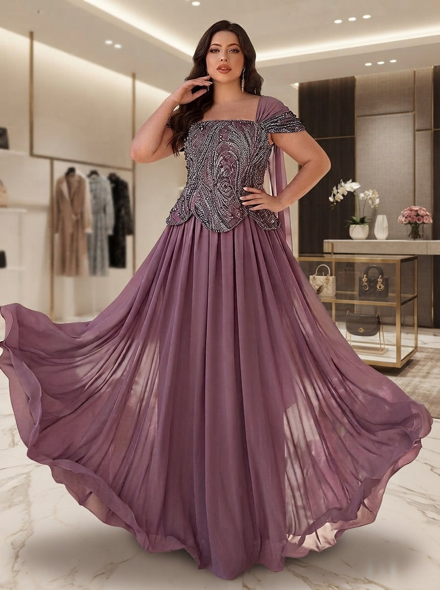 SDE3283 Plus Size Purple Pearl Sequin Floral Gown