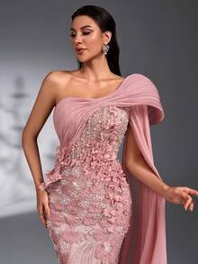 SD3272 Lotus Pink 3D Floral Cape Sleeve Gown image 4