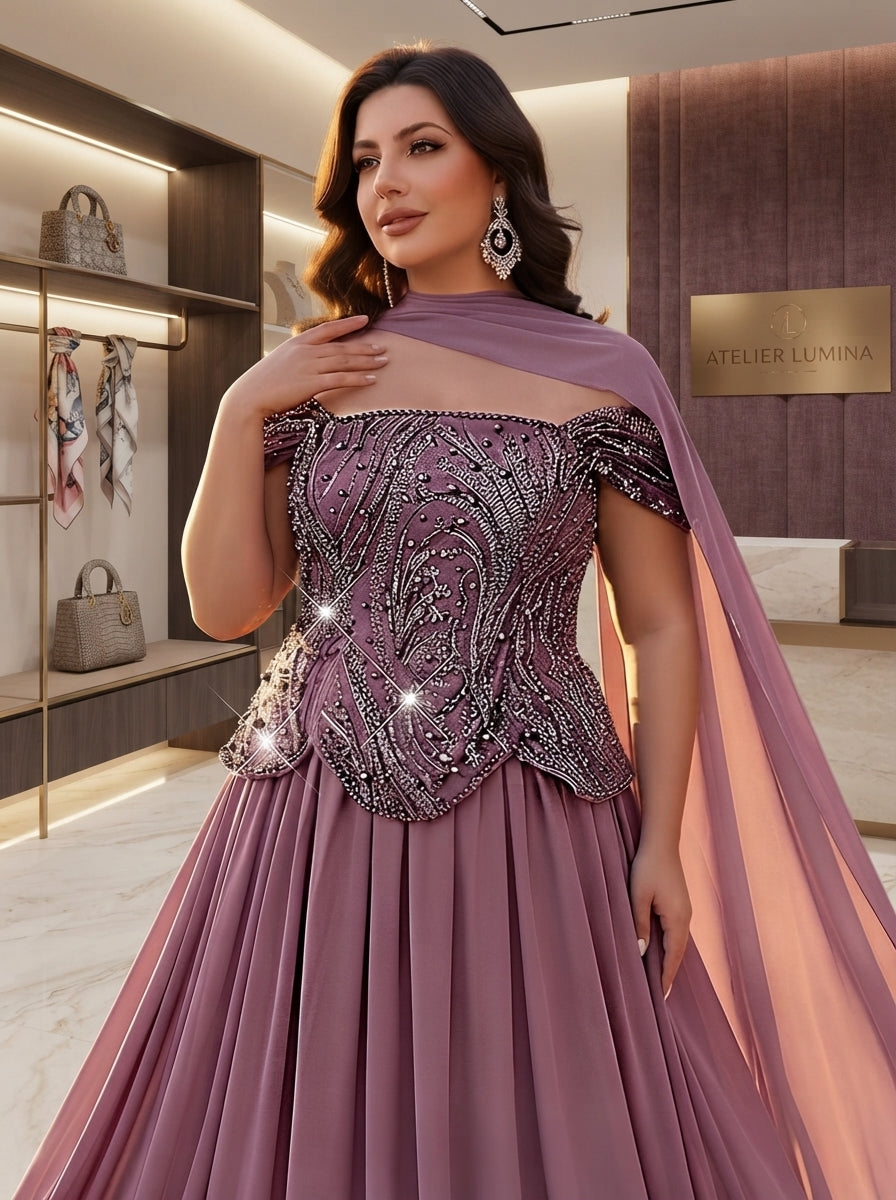 SDE3283 Plus Size Purple Pearl Sequin Floral Gown