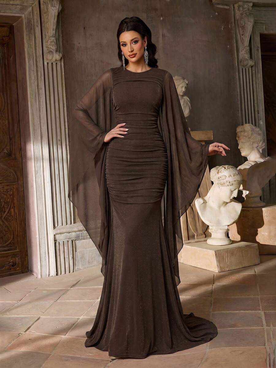 SDE3254 Knitted Satin Cape Sleeve Bodycon Mermaid Dress