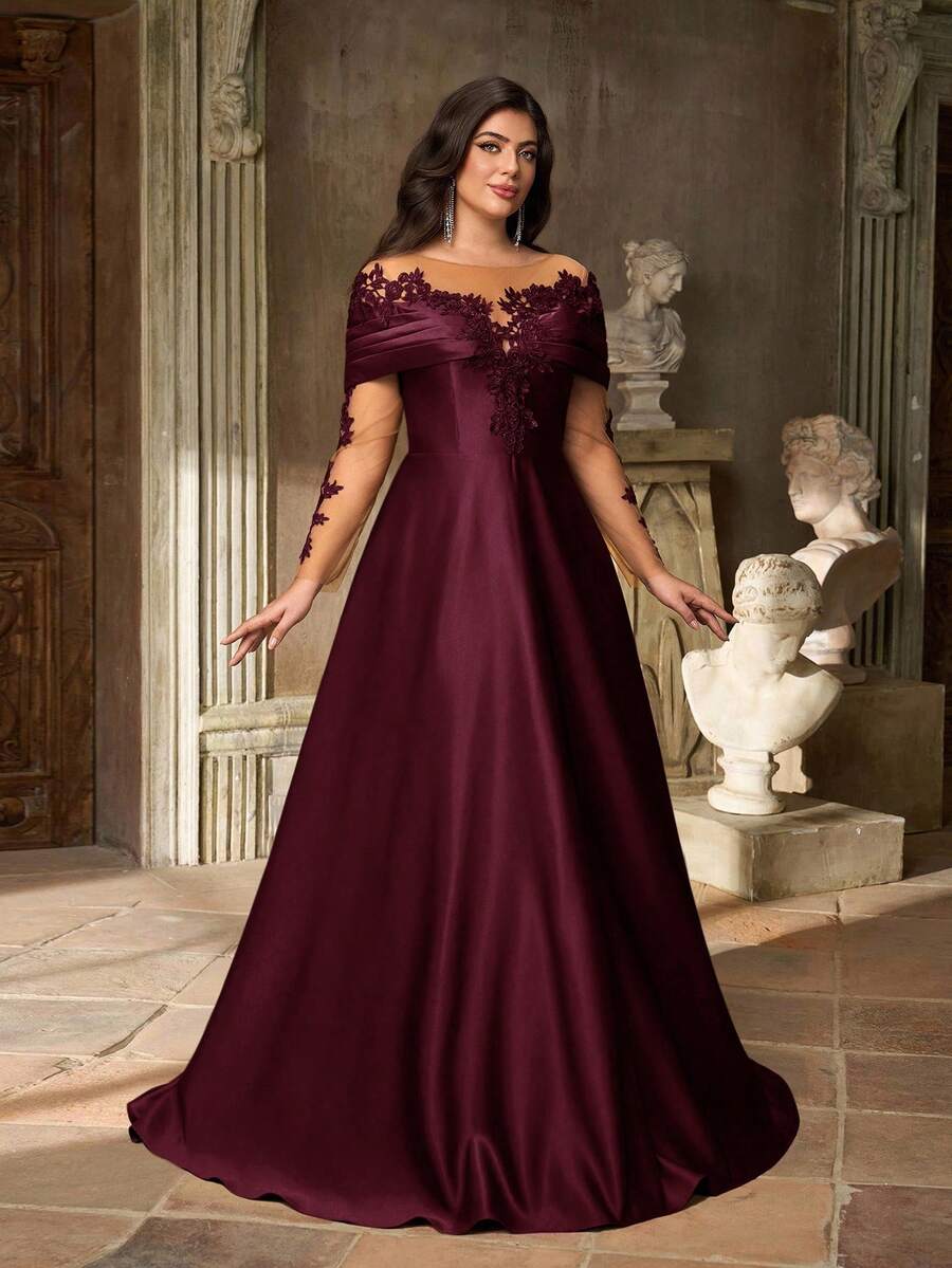 SDE3252 Plus Size Burgundy Lace Applique Off-Shoulder Satin Dress
