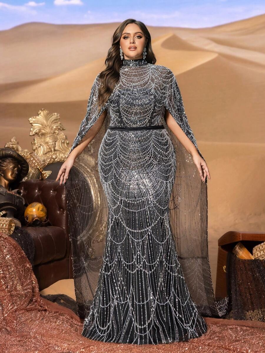 SD3258 Mock Neck Beaded Cape-Sleeve Fishtail Gown