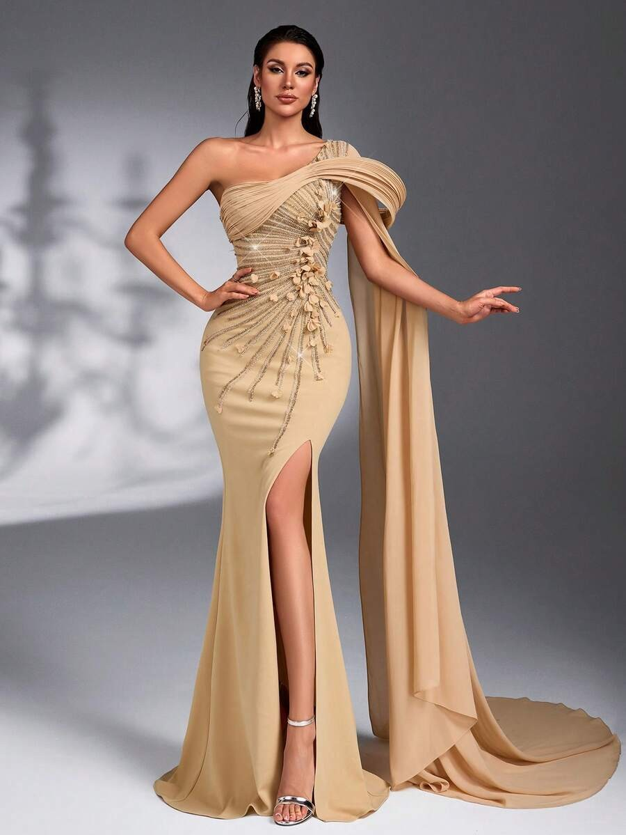 SD3174 Luxury Asymmetric Sequin 3D Floral Gown