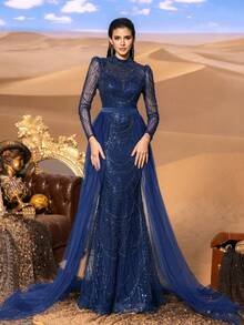 SD3223 Geometric Beaded Tulle A-Line Gown image 7