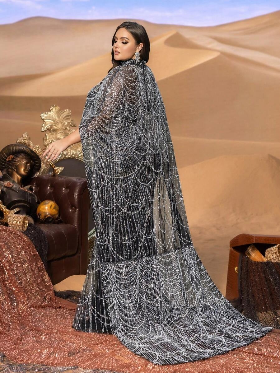SD3258 Mock Neck Beaded Cape-Sleeve Fishtail Gown
