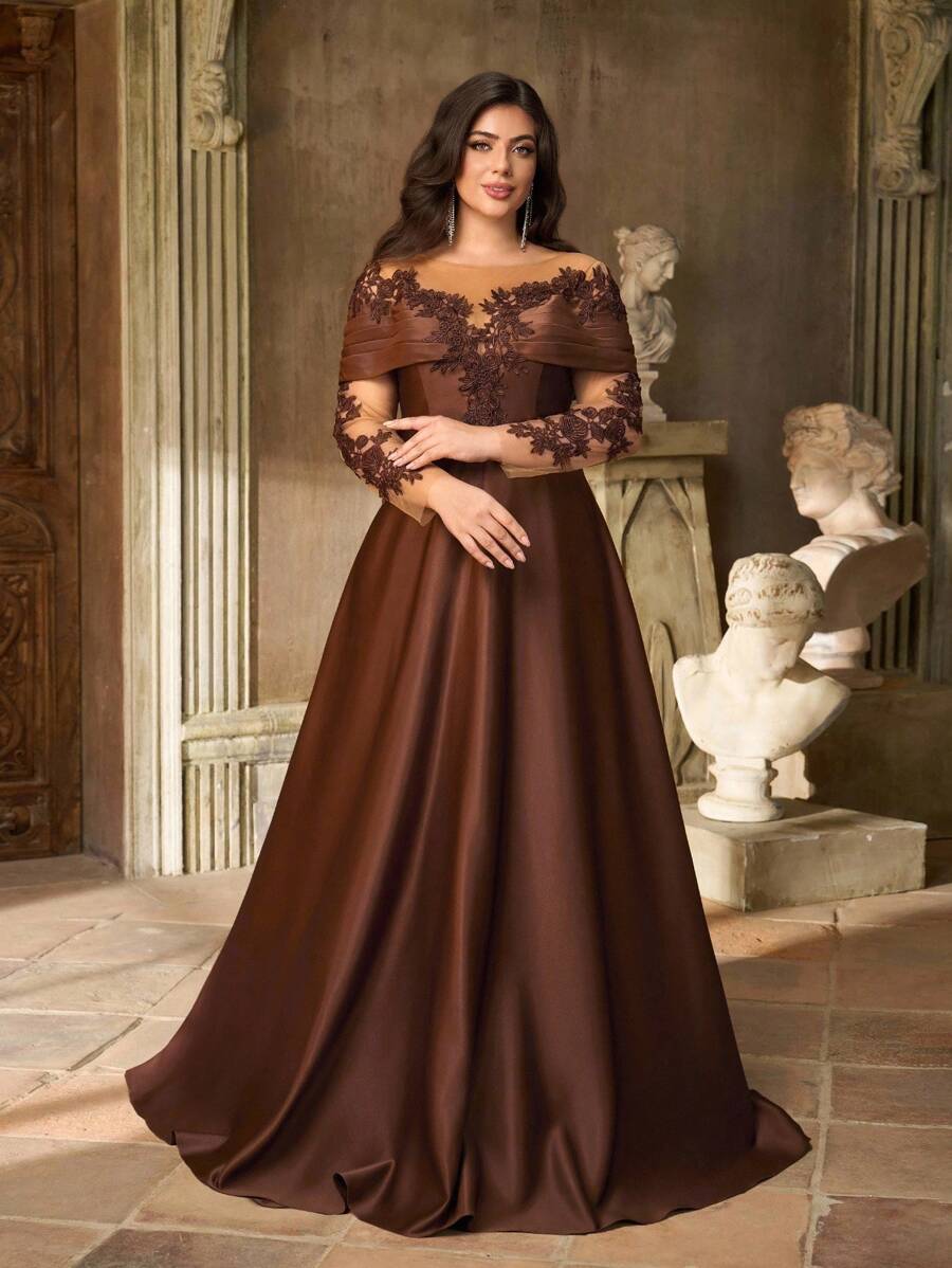 SDE3252 Plus Size Burgundy Lace Applique Off-Shoulder Satin Dress