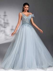 SD3179 Luxe Beaded Asymmetrical Tulle Maxi image 6