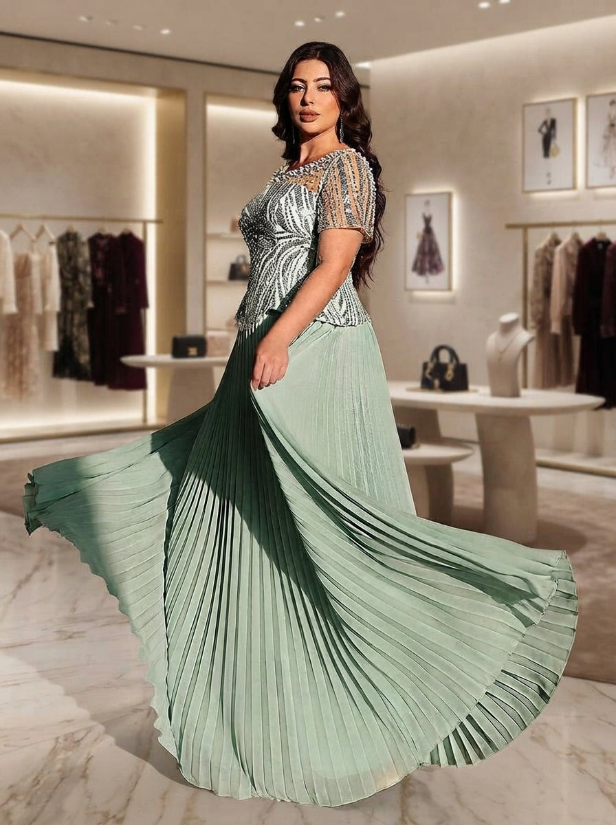 SDE3282 Plus Size Sage Green Sequin & Rhinestone Chiffon Flared Gown