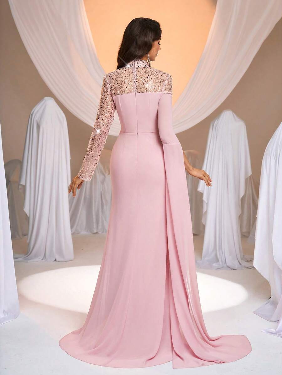 SDE3275 Pink Sequined Embroidered Chiffon Fishtail Gown