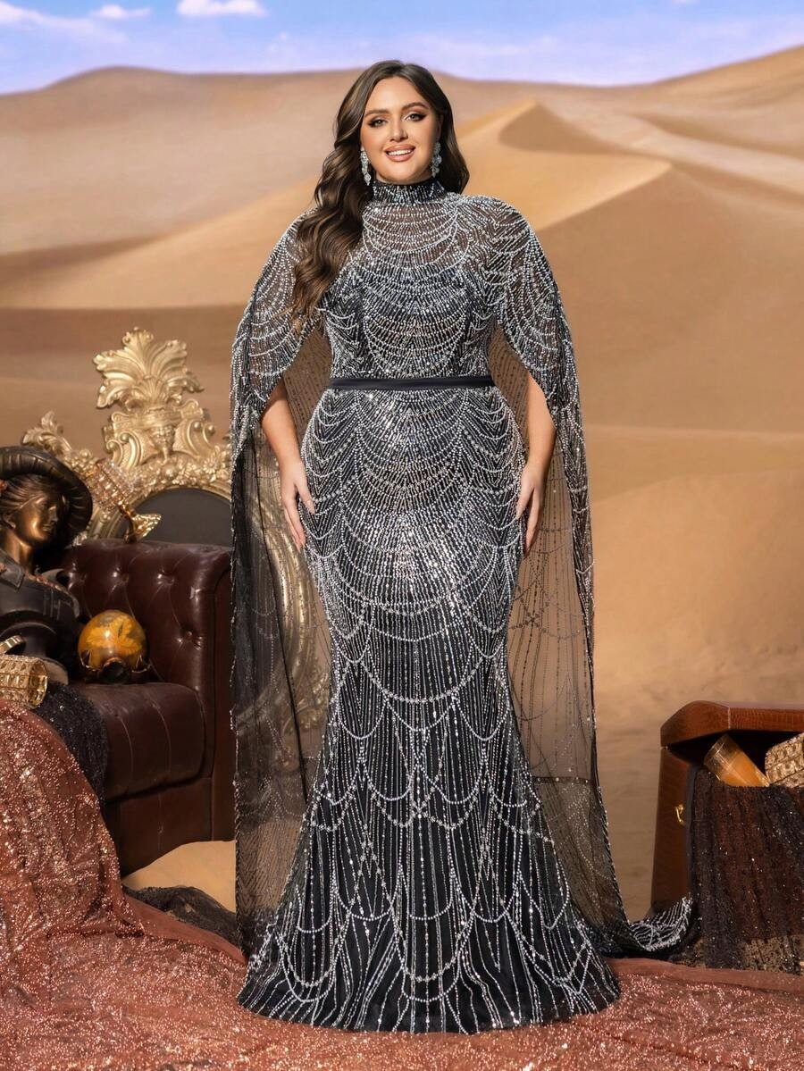 SD3258 Mock Neck Beaded Cape-Sleeve Fishtail Gown