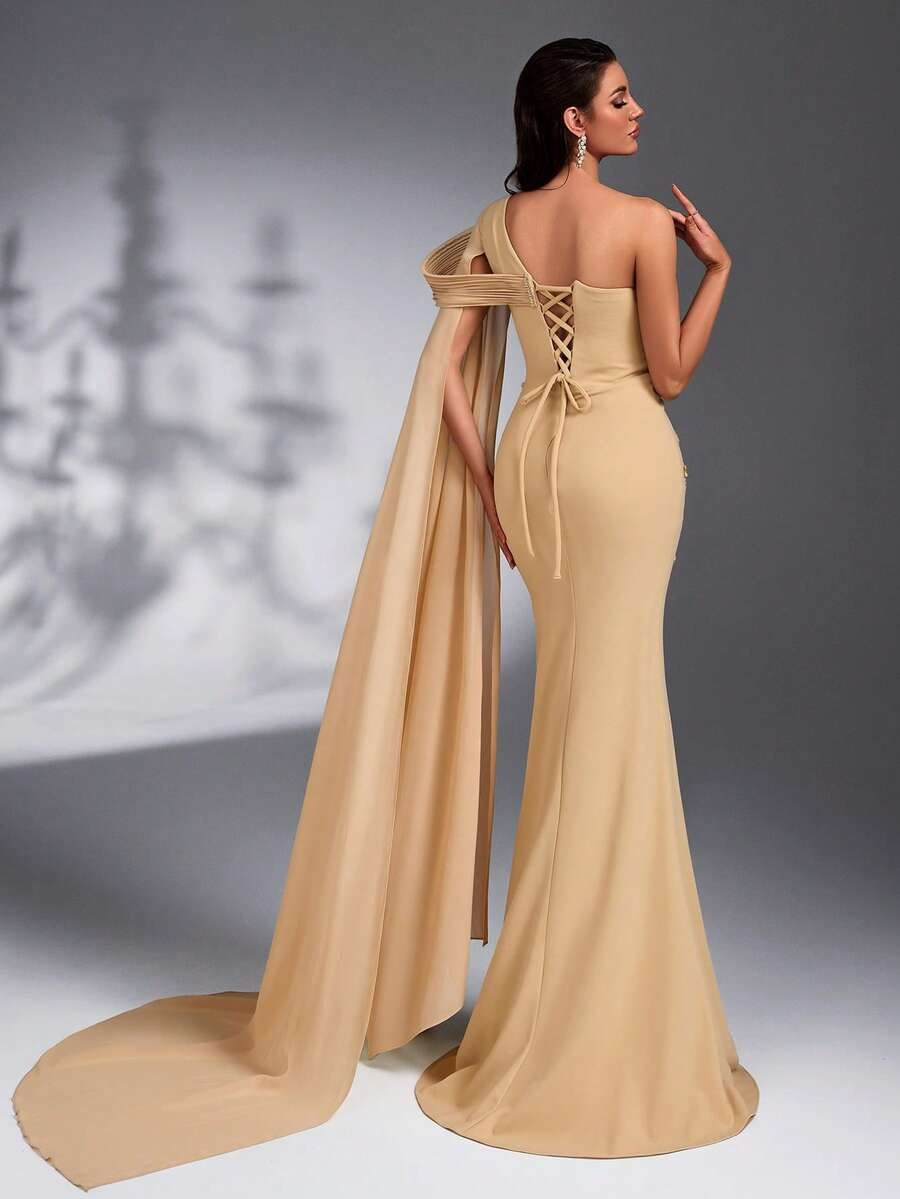 SD3174 Luxury Asymmetric Sequin 3D Floral Gown