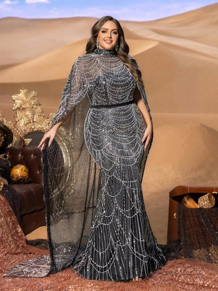 SD3258 Mock Neck Beaded Cape-Sleeve Fishtail Gown