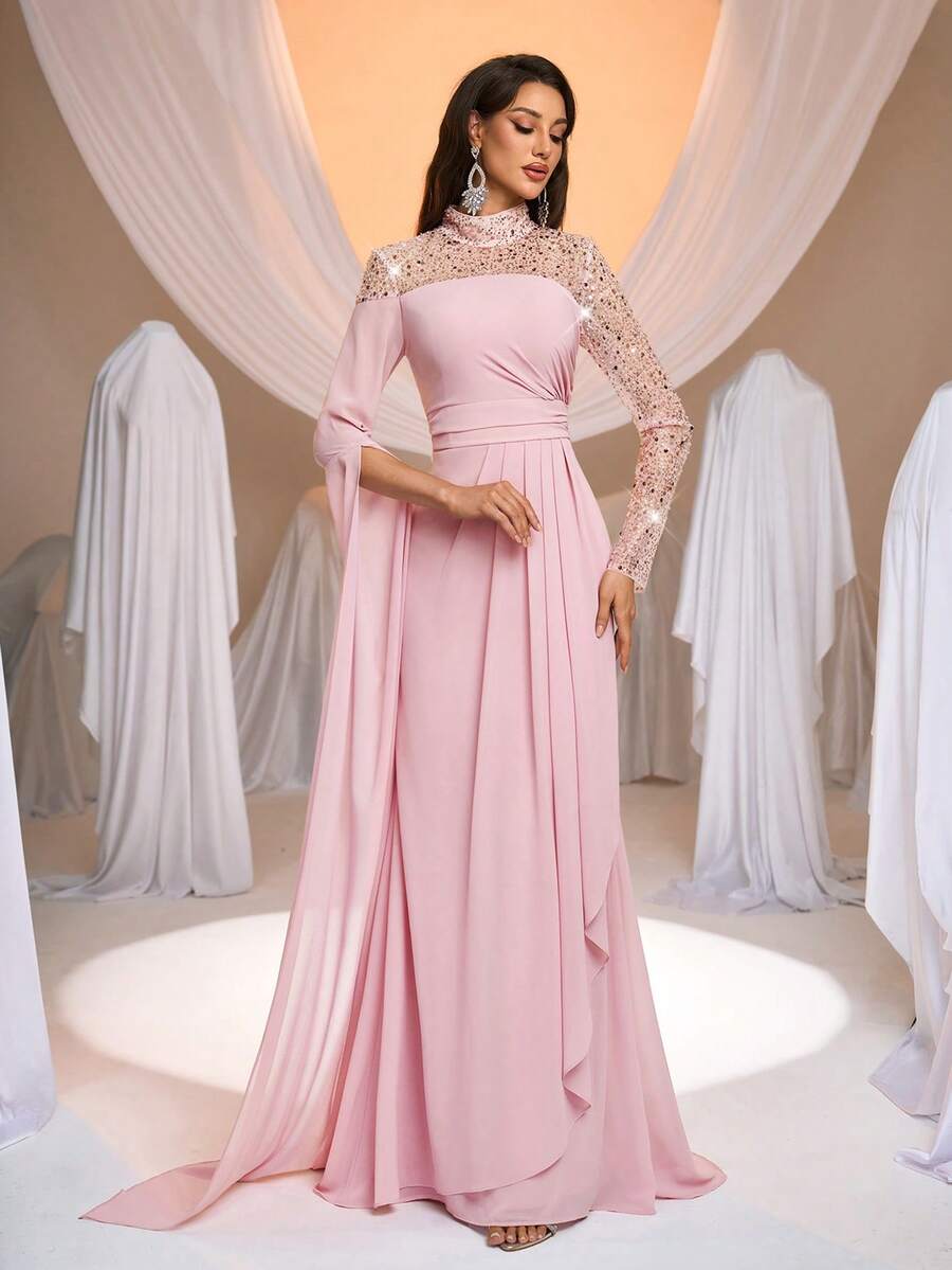 SDE3275 Pink Sequined Embroidered Chiffon Fishtail Gown