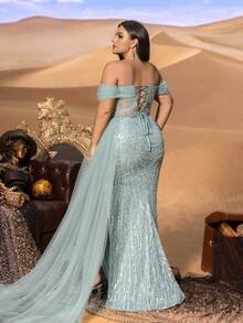 SD3241 Off-Shoulder Sequined Slit Gown - Uk18 (1XL), Green image