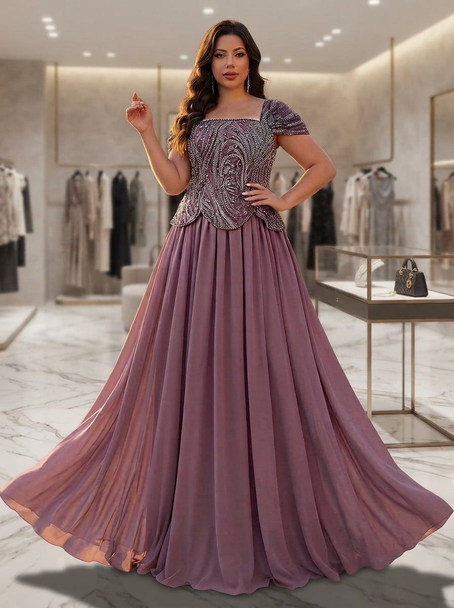 SDE3283 Plus Size Purple Pearl Sequin Floral Gown