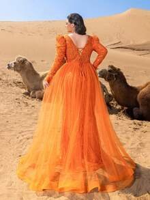 SD3253 V-Neck Long-Sleeve Gown with Flowing Side Panels - UK24 (4XL), Orange image