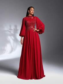 SD3264 Burgundy Stand Collar Lantern Sleeve Gown - Vibrant Ruby, UK12 image