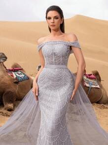 SD3215 Off-Shoulder Tulle Overlay Mermaid Gown image 7