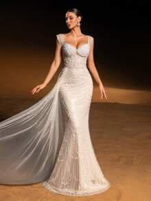 SD3224 V-Neck Long-Sleeve Beaded A-Line Gown - 12/14 (L), champagne image