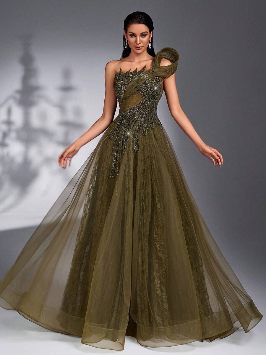 SD3266 Beaded Rhinestone Lace & Mesh Maxi Gown image 2