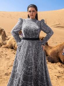 SD3246 Petite Stand Collar Beaded A-Line Gown - Uk18 (1XL), Black and White image